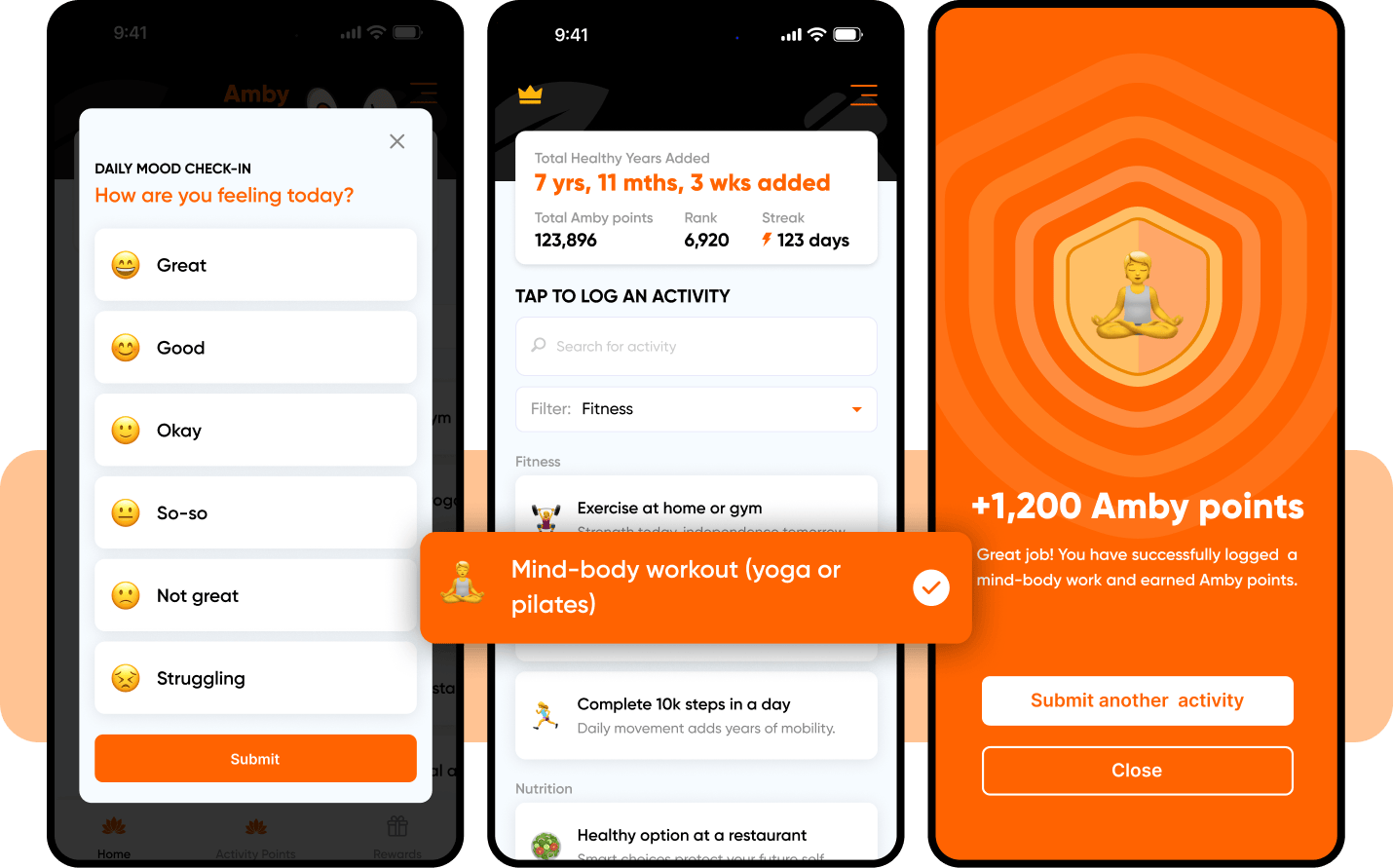 Amby app screens for a daily mood check-in, tap-to-log habit tracking and earning Amby Points