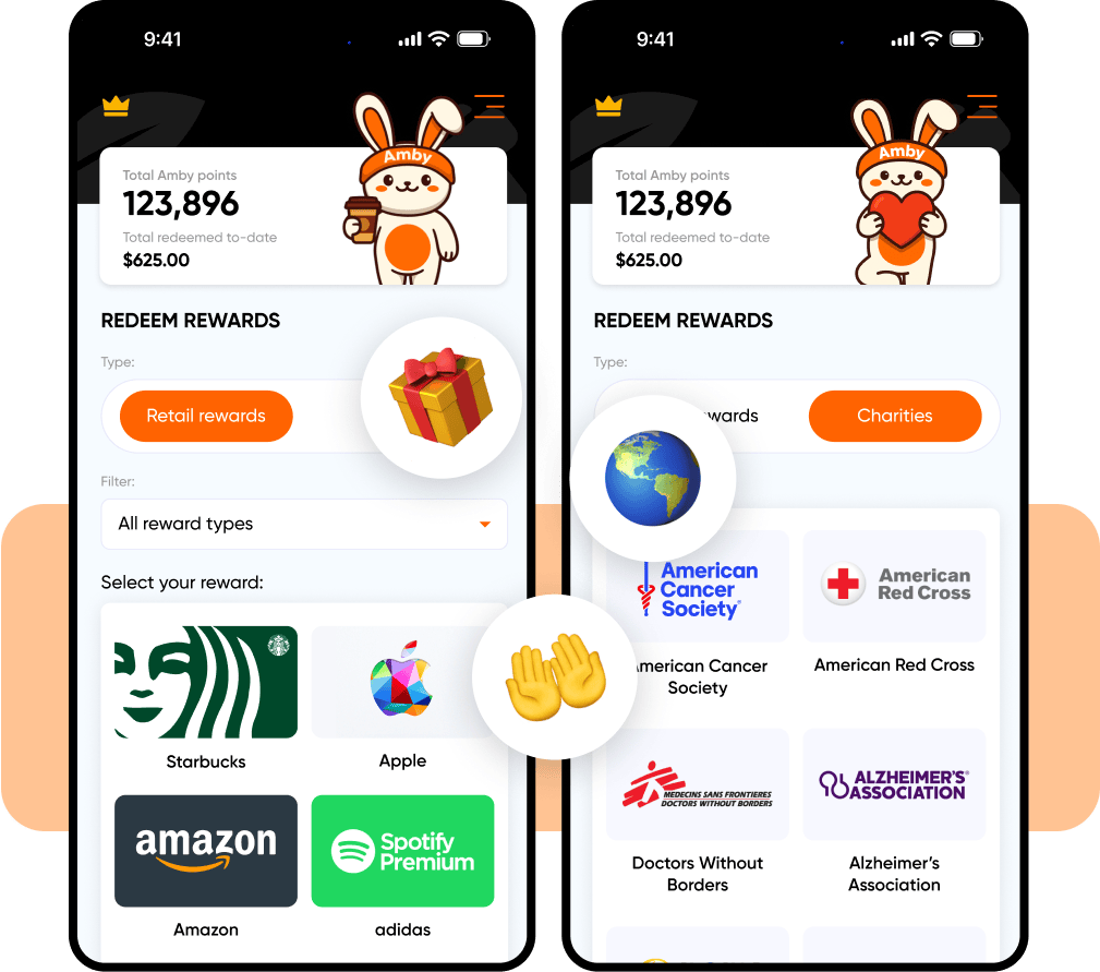 Amby rewards screens for redeeming gift cards or donating to charity